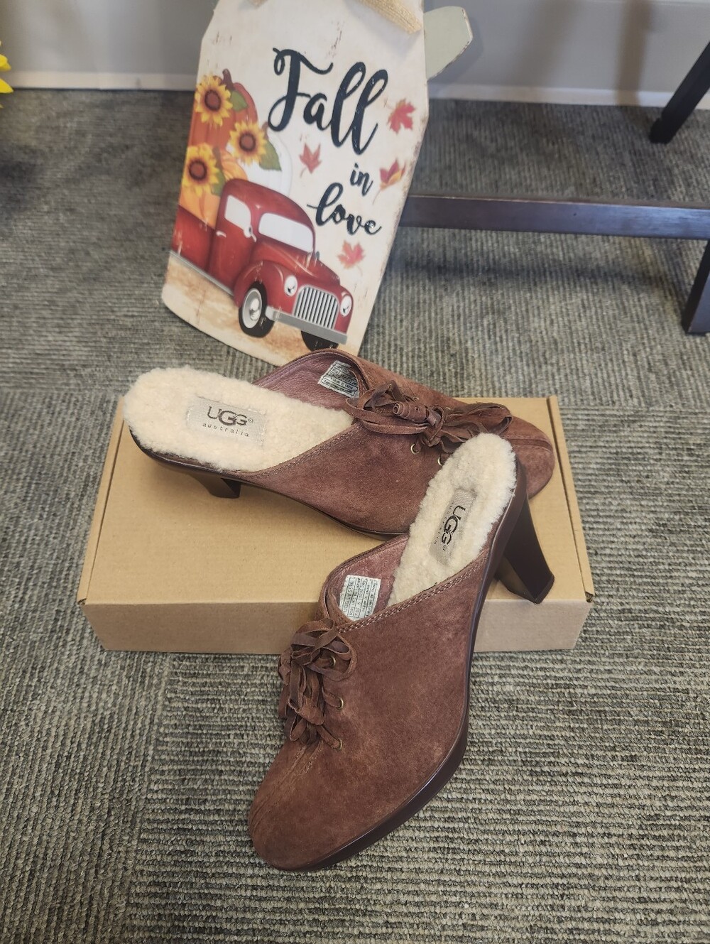 UGG Brown Suede Shearling-Lined Heeled Mules